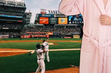 bathrobe guy on the baseball diamond