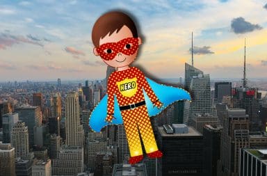 boy superhero flying in NYC