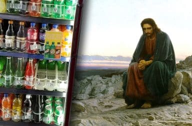 jesus and fridge of drinks