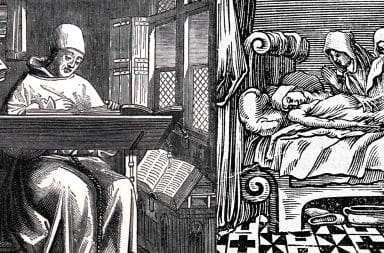 monk writing while people are looking at a corpse in a bed
