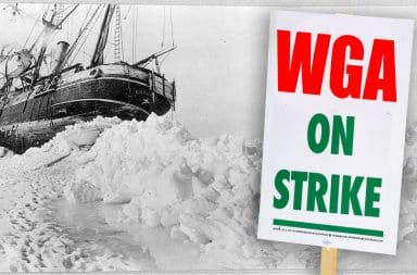 WGA strike sign at the Endurance stuck in the ice